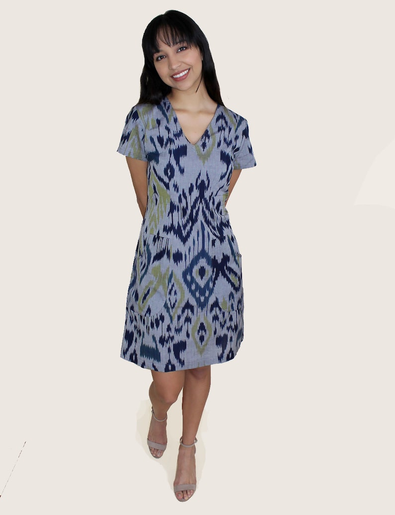 Fair Trade Blue and Green Geometric Print Ikat Cotton Shift Dress Perfect Gift for Her