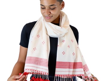 Red and White Handmade Cotton Scarf: Tassels, Fair Trade