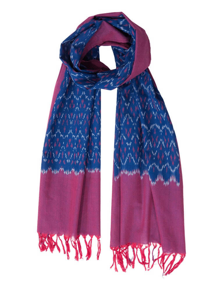 Indigo Blue and Magenta Geometric Cotton Scarf With Tassels Gift for ...