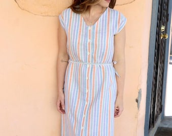 Multi Striped Cotton Linen Button Down Dress with Pokctes: Fair Trade and Handmade- Great Gift For Her - Eco-Friendly Fashion