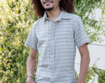 Men's White w/ Grey Striped Short Sleeve Button Down Cotton Shirt- Fair Trade