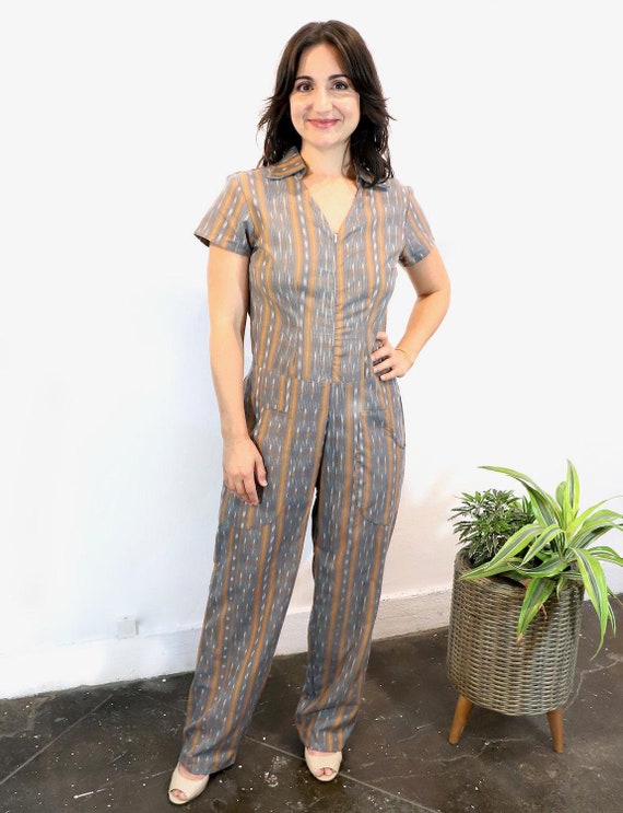 Grey & Orange Striped Zip up Jumpsuit With Pockets, Cotton