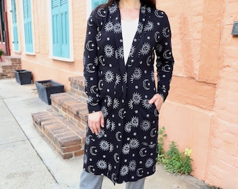 Organic Cotton Celestial Cardigan: Moon & Stars Print Duster Jacket