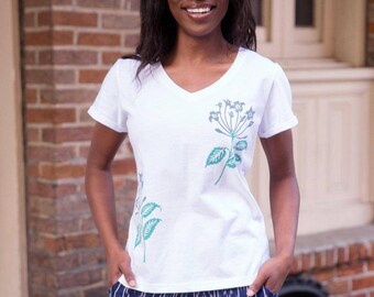 White with Blue Floral Organic Cotton Fair Trade T-Shirt- Perfect Gift for Her, Loungewear