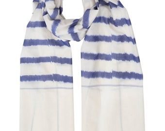 Blue & White Handmade Striped Cotton Scarf with Tassels: Perfect Gift for Her