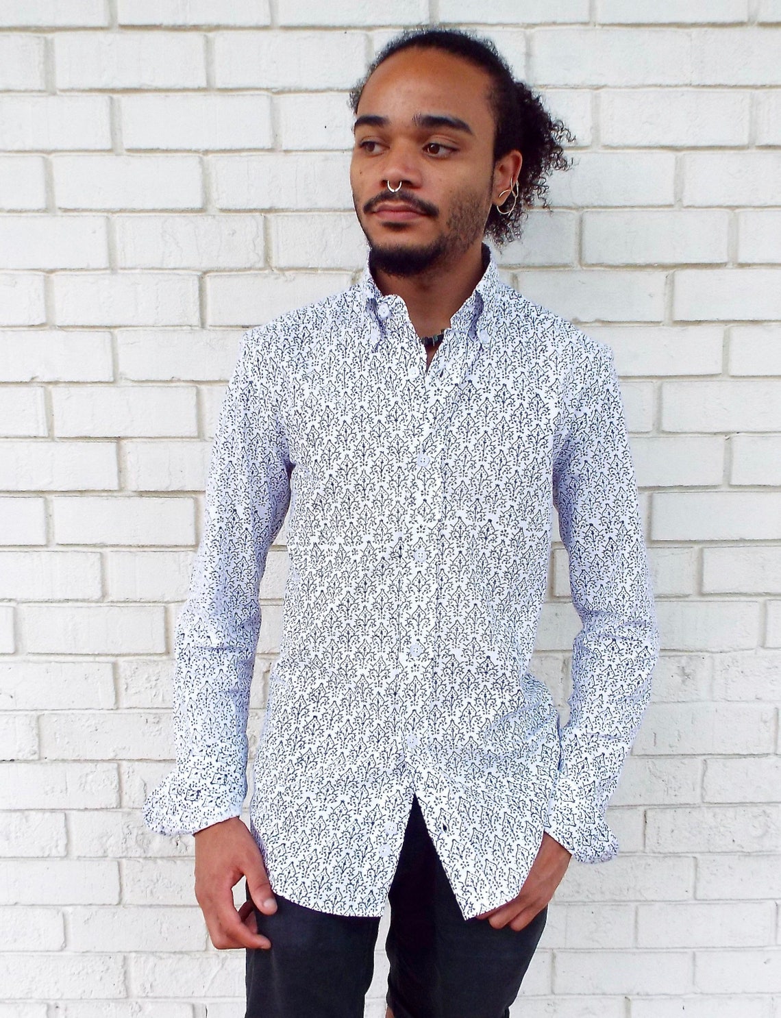 Men's Black and White Floral Long Sleeve Button Down Etsy