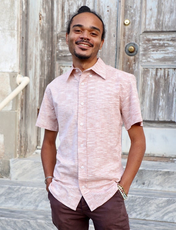 Men's Salmon Pink Short Sleeve Button 