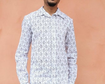 Black and White Floral Organic Cotton Button Down Shirt- Fair Trade - Long Sleeve Shirt- Unisex Shirt