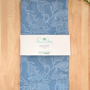 Blue Magnolia Cotton Tea Towel, Eco Friendly Kitchen Towel, Hand Block Printed, Floral Print Towel, Dish Towel, Flour Sack Towel, 28” X 28”