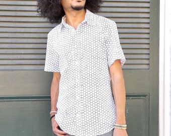 Men's White and Navy Honeycomb Print, Short Sleeve Organic Cotton Button Down Shirt- Fair Trade - Eco-Friendly Fashion