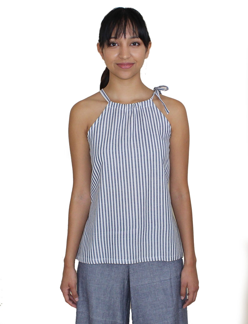 Fair Trade /& Handmade Blue and White Pinstripe Fair Trade Cotton Tank Top with Open Back