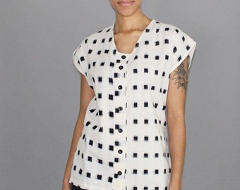 White and Black Geometric Fair Trade Cotton Button Down Blouse - Handmade - Great Gift For Her