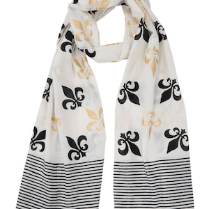 Lenço de dia de jogo feito à mão em algodão preto, branco e dourado Fleur de Lis New Orleans