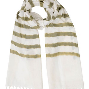 Green & White Handwoven Striped Cotton Scarf with Tassels: Perfect Gift for Her or Gift for Him