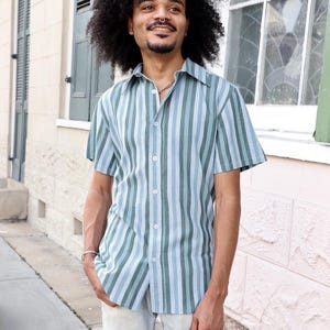 Teal Striped Organic Cotton Men&#39;s Button Down Shirt, Short Sleeve Button Down Shirt, Ikat Shirt, Men Women Button Up Shirt, Festival Shirt