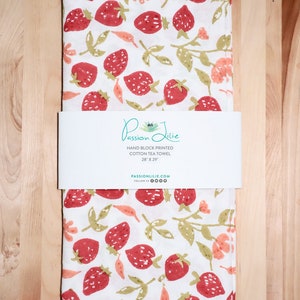 Strawberry Cotton Tea Towel, Eco Friendly Kitchen Towel, Hand Block Printed Towel, Dish Towel, Flour Sack Towel - 26” X 26”