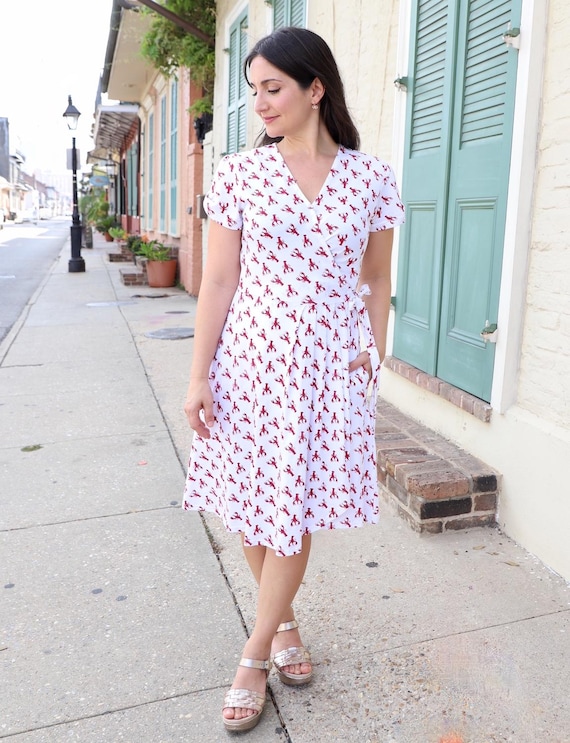 Crawfish Print Wrap Dress: Organic Cotton Fit & Flare