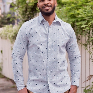 White with Blue Diagonal Print Men&#39;s Long Sleeve Button Down Organic Cotton Shirt- Fair Trade, Perfect Gift for Him