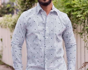 Men's Organic Cotton Long Sleeve Shirt: White & Blue Ikat, Fair Trade
