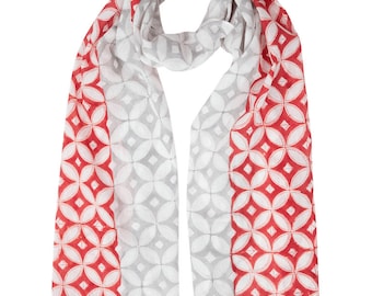 Red and Grey Geometric Diamond Print Cotton Scarf- Perfect Gift for Her