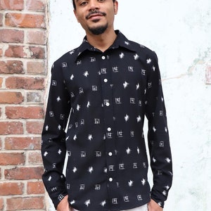 Black and White Men&#39;s Long Sleeve Button Down Cotton Shirt- Fair Trade