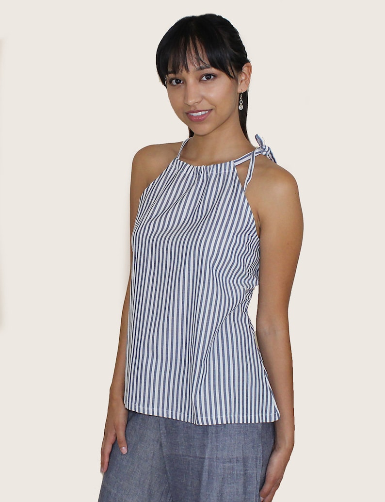 Fair Trade /& Handmade Blue and White Pinstripe Fair Trade Cotton Tank Top with Open Back