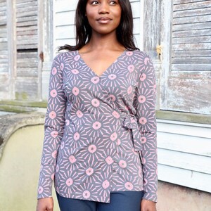 Pink & Grey Geometric Print Organic Cotton Wrap Top- Long Sleeve Shirt- Sustainable Fashion, Handmade, Perfect Gift for Her