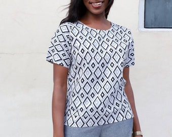 White, Black, & Grey Diamond Print Organic Cotton Shirt- Sustainable Fashion, Perfect Gift for Her