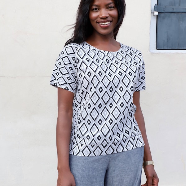 White, Black, & Grey Diamond Print Organic Cotton Shirt- Sustainable Fashion, Perfect Gift for Her
