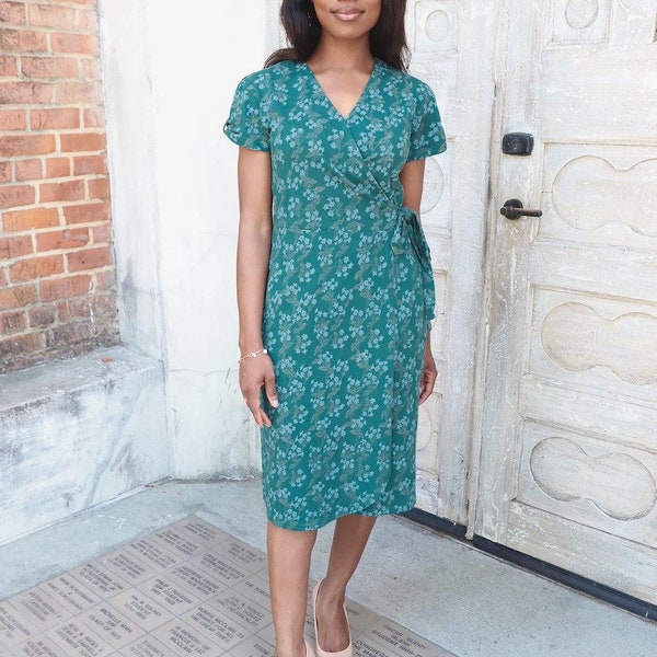 Green Floral Organic Cotton Wrap Dress with Pockets- Perfect Gift for Her- Fair Trade - Handmade