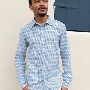 Blue and White Striped Long Sleeve Button Down Shirt- Fair Trade- Cotton Shirt- Men&#39;s Button Down