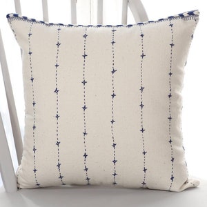 White and Blue Hand Emboridered Cotton Throw Pillow Cover - Perfect Housewarming Gift - Fair Trade- Accent Throw Pillow Cover