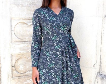 Navy Floral Organic Cotton Wrap Dress - Fair Trade, Ethical Fashion, Gift for Her