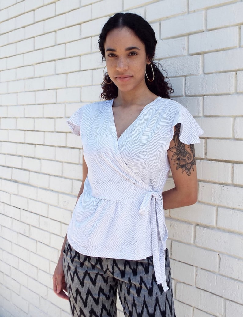 Grey and White Geometric Organic Jersey Cotton Wrap Shirt Fair Trade and Handmade Perfect Gift for Her