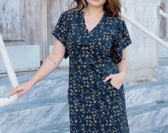 Navy w/ Yellow Floral Print Organic Cotton Pullover Dress with Pockets, Perfect Gift for Her, Fair Trade, Eco-Friendly Fashion