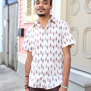 Men&#39;s White w/ Red & Blue Print Short Sleeve Button Down Cotton Shirt- Great Gift for Him- Fair Trade