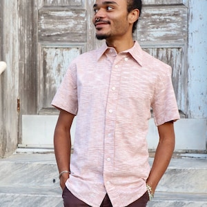 Men&#39;s Salmon Pink Short Sleeve Button Down Cotton Shirt- Fair Trade