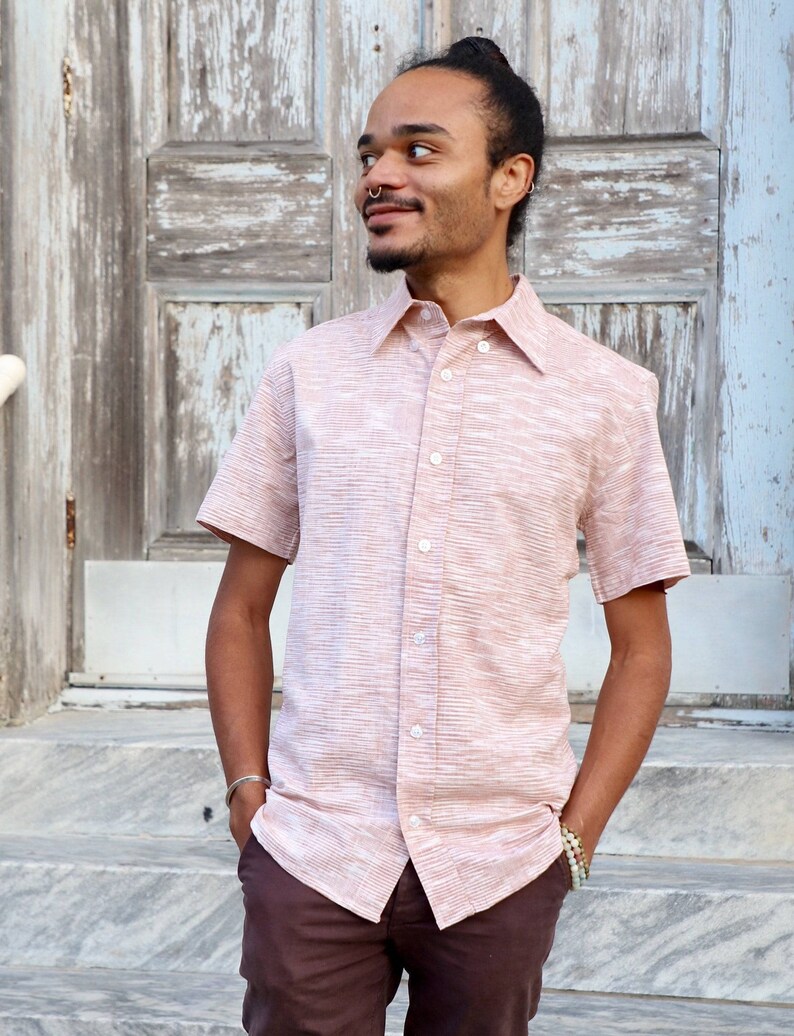 Men's Salmon Pink Short Sleeve Button Down Cotton Shirt Fair Trade Etsy
