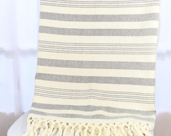 Handwoven Cotton Throw Blanket: White and Black Stripes, Luxury Bedding