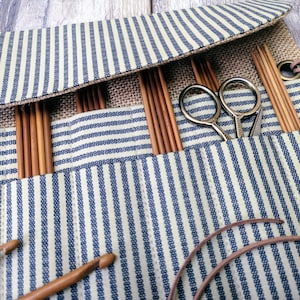 French Linen Stripe CROCHET or DPN HOLDER Knitting Needle Case Roll Select Size and Colour Handmade Gift Birthday Christmas