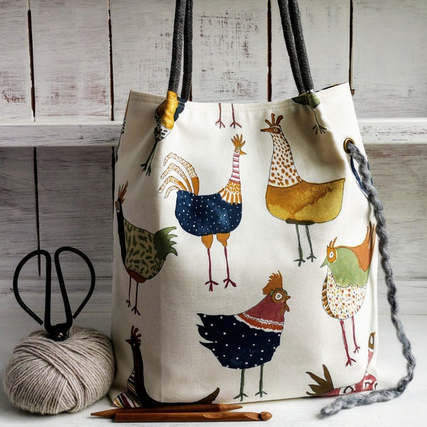 Chicken TOTE PROJECT BAG 9 Pockets Knitting Crochet Craft Handmade Gift