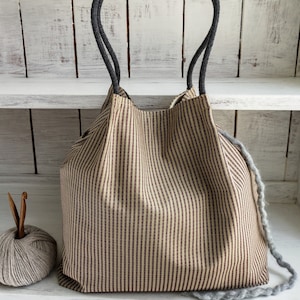 Französisch Leinen Streifen große TOTE PROJEKT TASCHE Stricken Häkeln Handwerk Reisen mit 9 Taschen-handgemachtes Geschenk