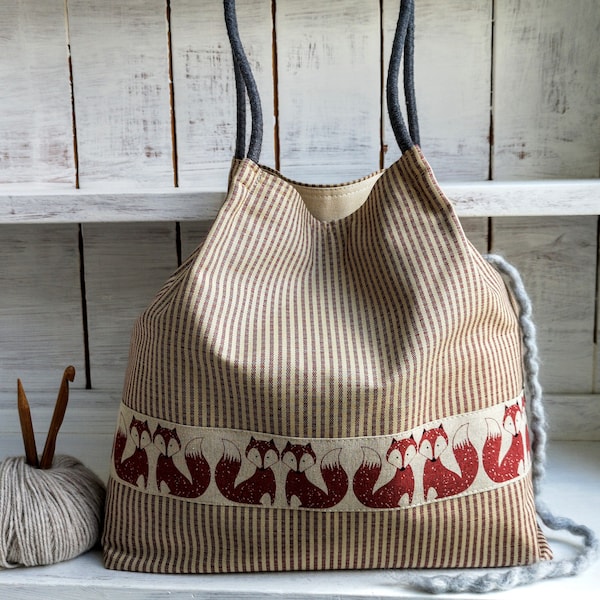 FRENCH LINEN PROJECT Tote Bag Red Fox Ticking Stripe Natural Knitting Crochet Storage Needle Organizer Pockets Handmade Fabric Gift