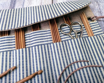 French Linen Stripe CROCHET or DPN HOLDER Knitting Needle Case Roll Select Size and Colour Handmade Gift Birthday Christmas