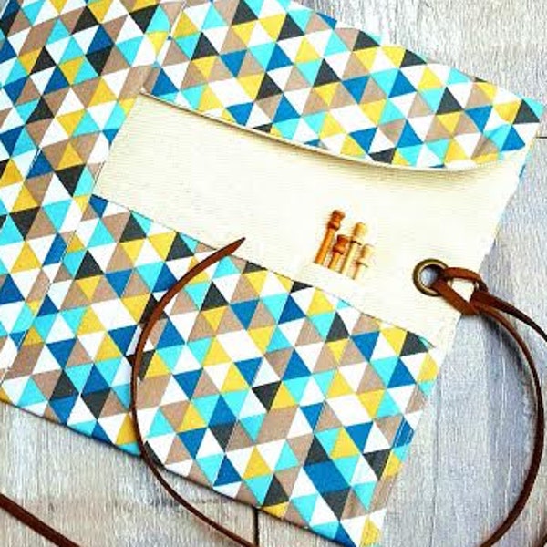 JADE TRIANGLE CASE Mustard Geometrical Crochet Bobbin Lace Knitting Needle Holder Organiser Roll Cotton Natural Canvas Eyelet Leather String