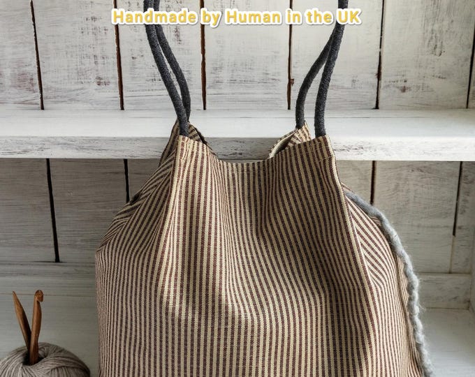 French Linen Stripe Project Tote Bag: Knitting, Crochet, Craft - Handmade