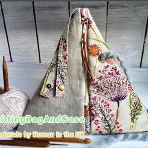 Linen Triangle Knitting Travel Project Bag: Pink Floral Meadow