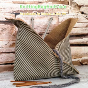 Bento Project Bag: Japanese Style Origami Yarn Holder, French Stripe Burlap Basket