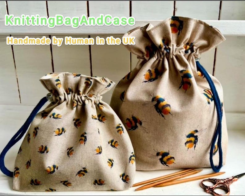 Bee Drawstring Project Bag: Retro Style Sock Sack With Pockets - Etsy
