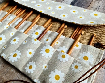 RETRO DAISY ROLL Knitting Crochet Hook Dpn Holder Storage Organizer Needle Case Hessian Jute Burlap Vegan Leather Handmade Fabric Gift